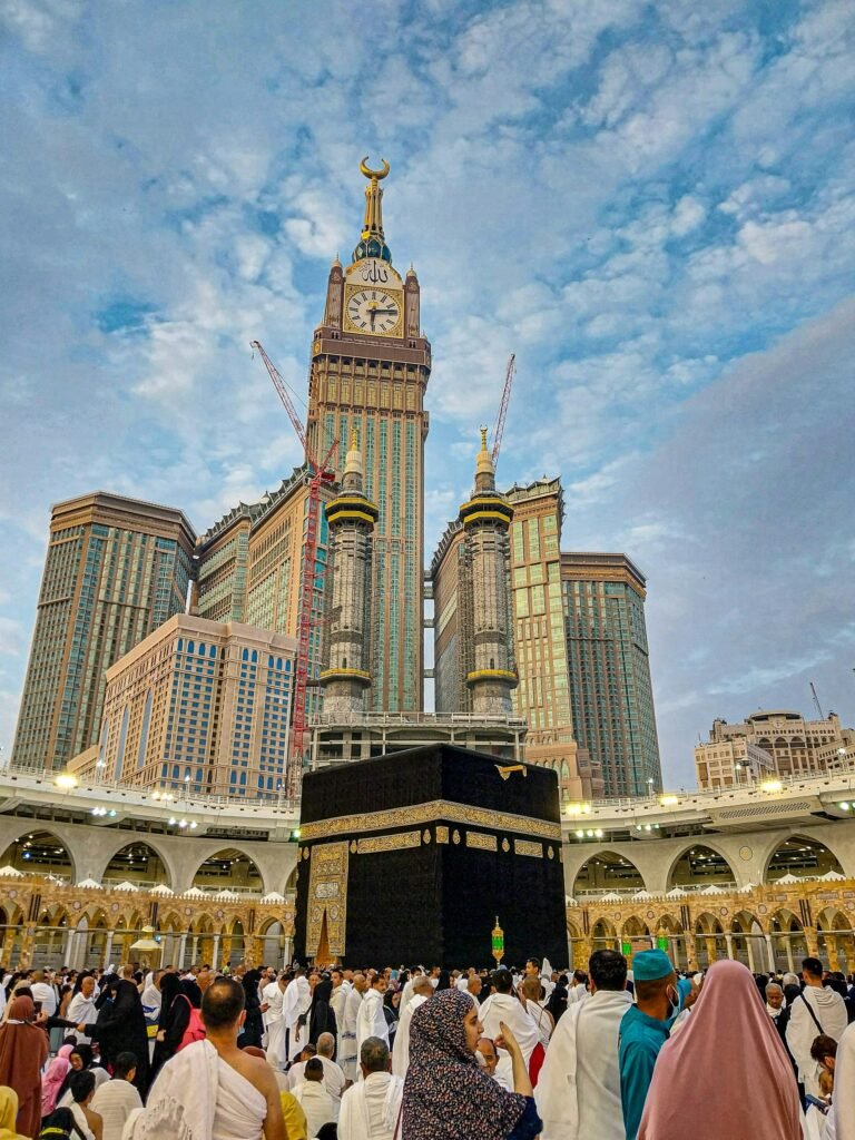 Kaaba in the Masjid al-Haram courtyard with the Abraj Al-Bait towers, Makkah