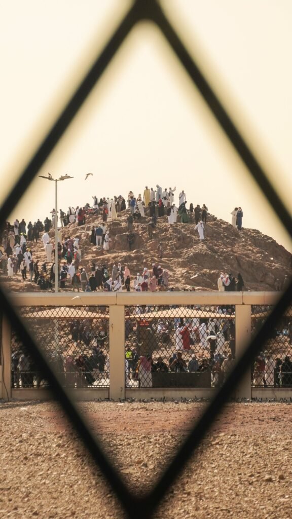 Mount Uhud with a group of pilgrims, Madinah
